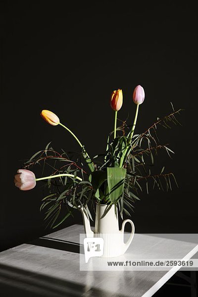 Ein Strauß Tulpen in einer Gießkanne auf einem Tisch  Stilleben