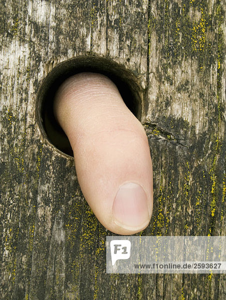 Ein menschlicher Finger  der durch ein Loch in einem Holzstück sticht.