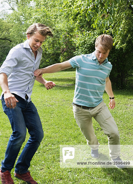 Zwei Kerle haben Spaß in einem Park