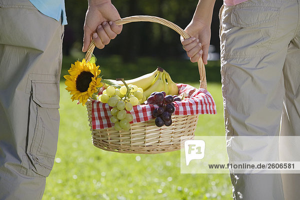 Junges Paar geht im Park tragen gemeinsam Picknickkorb in der Hand Nahaufnahme