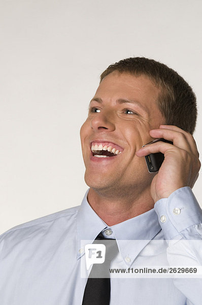 Businessman using mobile phone  smiling  portrait