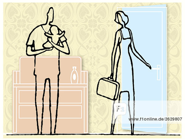 Illustration  Man holding baby  Woman leaving with briefcase in hand