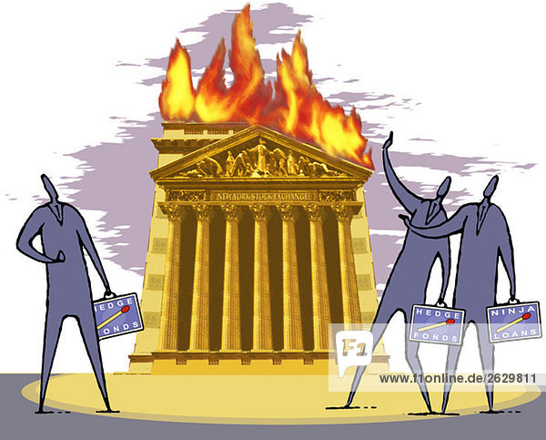 Illustration  New York Stock Exchange building bursting into flames  stockbrokers watching the scene