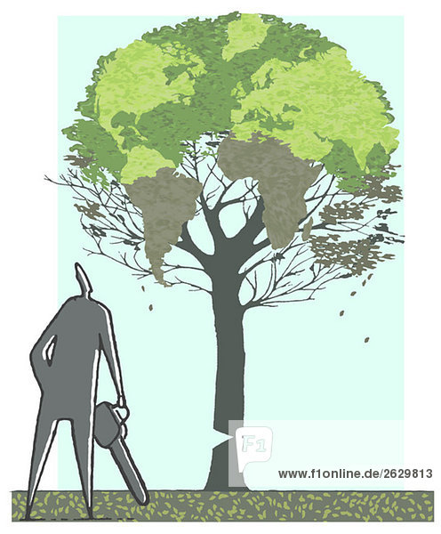 Illustration  Man with motor saw watching a damaged tree