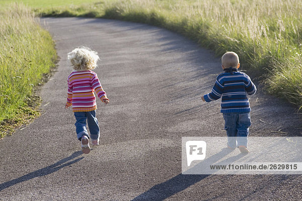 Kleines Mädchen (2-3) und Junge (1-2) laufen über den Weg  Rückansicht