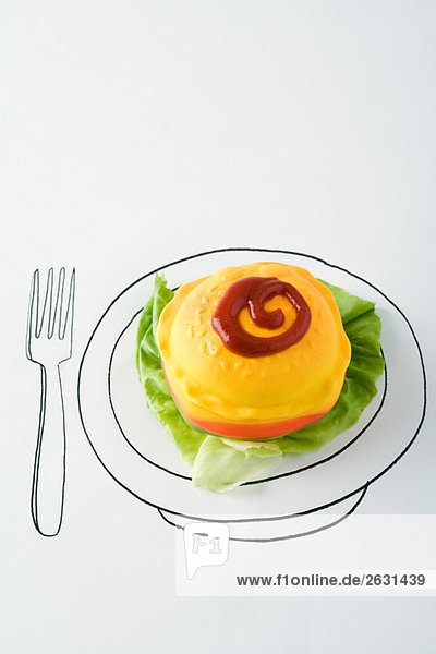 Plastik-Hamburger mit Salat und Ketchup auf Tellerzeichnung