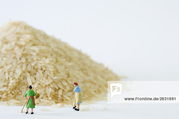 Miniatur-Frauen fegen riesigen Reishaufen auf