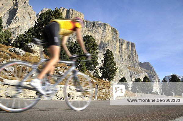 Mountainbiker in Bewegung auf Country Road  Dolomiten  Italien