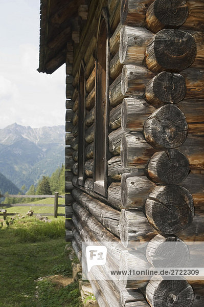 Deutschland  Bayern  Blockhaus mit Berg im Hintergrund