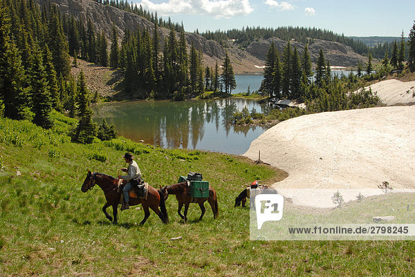 Man riding horse at lakeside  Colorado  USA