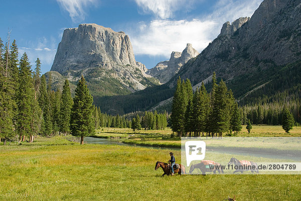 Person riding horse with mountain in background  Wind River Range  Wyoming  USA