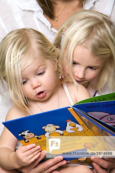 Zwei blond Schwestern lesen Schweden.