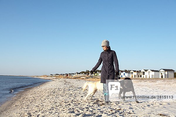 A woman with two dogs on a beach Sweden.