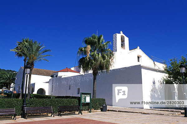 Palmen vor der Kirche  Es Canyar  Ibiza  Balearen Inseln  Spanien