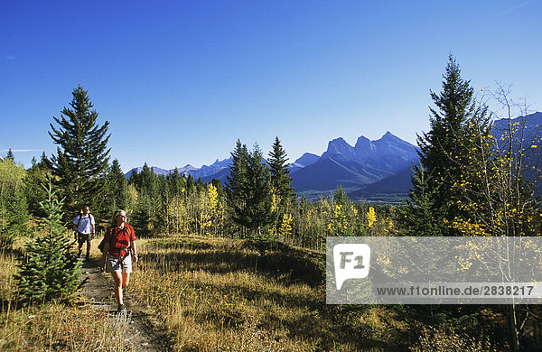 Couple hiking in the Canadian Rockies  Alberta  Canada.