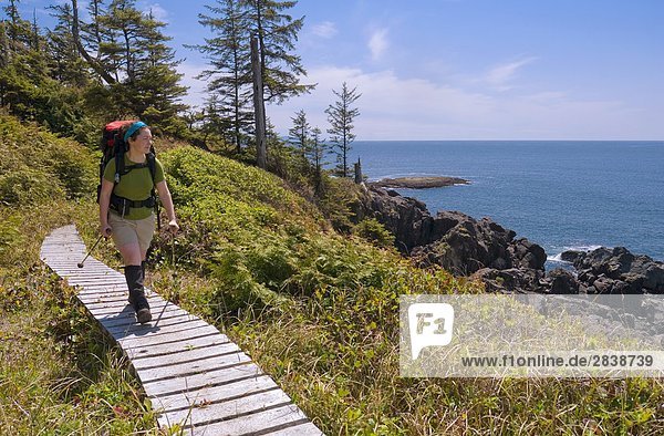 Young Woman 20-25 hiking along the Boardwalk near Nitinat Narrows on the West Coast Trail  in Pacific Rim National Park Reserve  Vancouver Island  British Columbia  Canada.