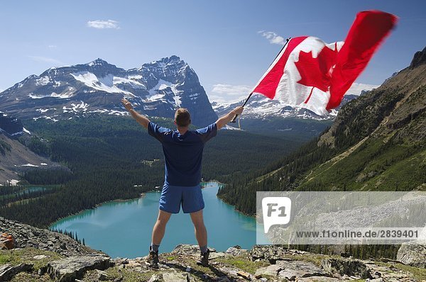 Hiker with Canadian flag flying from a hiking pole  Lake O'Hara  Yoho National Park  British Columbia  Canada.