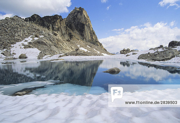 Eastpost Spire reflected in an alpine tarn  Bugaboo Glacier Provincial Park  British Columbia  Canada.