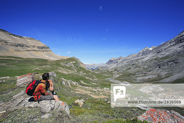 Wanderer genießen die Aussicht im Banff Hinterland an einem Tag wandern in den kanadischen Rocky Mountains  Banff-Nationalpark  Alberta  Kanada.