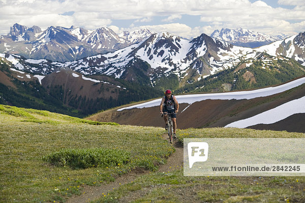 Man about to summit Windy Pass  Southern Chilcotin Mounatins in the background. British Columbia  Canada