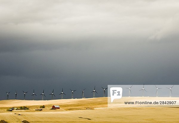 Stormy Skies und Windmühlen Webstuhl über eine Farm in Pincher Creek  Alberta  Kanada.