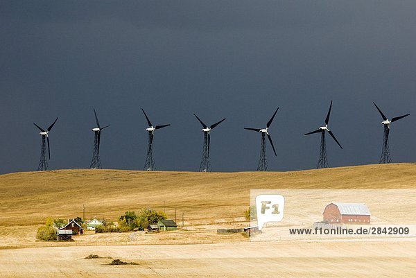 Stormy skies and windmills loom over a farm near Pincher Creek  Alberta  Canada.