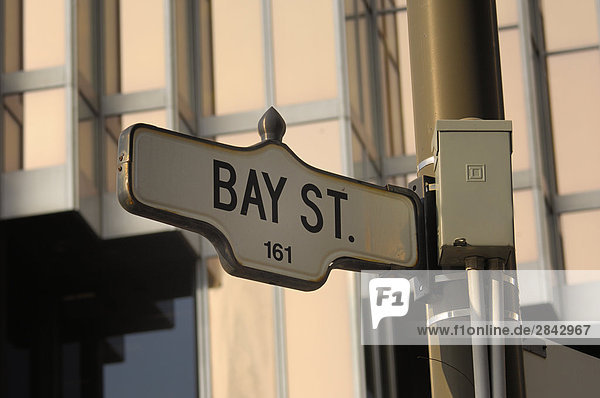 'Bay Street' street sign  Bay Street is the banking center of Canada and the heart of the Canadian business community  Toronto  Ontario  Canada