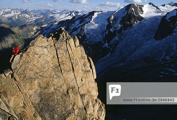 A women on the summit ridge of Eastpost Spire  Bugaboo Provincial Park  British Columbia  Canada.