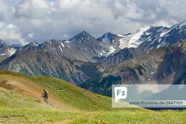 Mountain biker rides the trail down from Deer Pass  Southern Chilcotin Mountains. British Columbia  Canada.