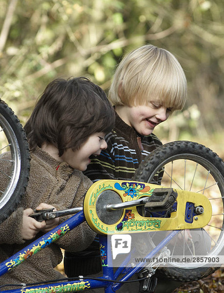 Zwei Jungen untersuchen Fahrräder auf der Landstraße