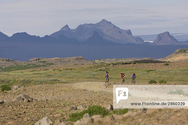 Island  Männer Mountainbiken in hügeliger Landschaft