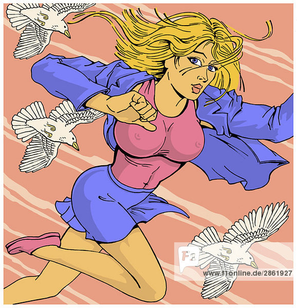 Illustration  Seagulls  young woman running away