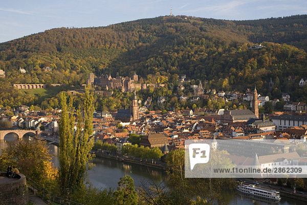 Germany  Baden-Württemberg  Heidelberg  Cityscape and river elevated view