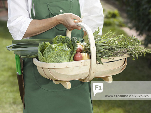 Midsection of a man holding a basket of vegetables