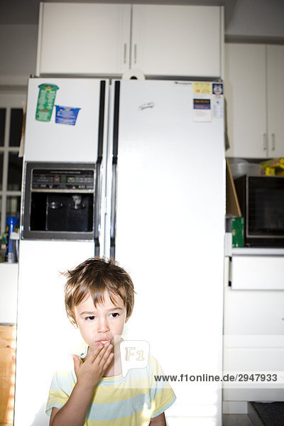 Zwei und ein halb Jahre alten Jungen Essen an Kühlschrank