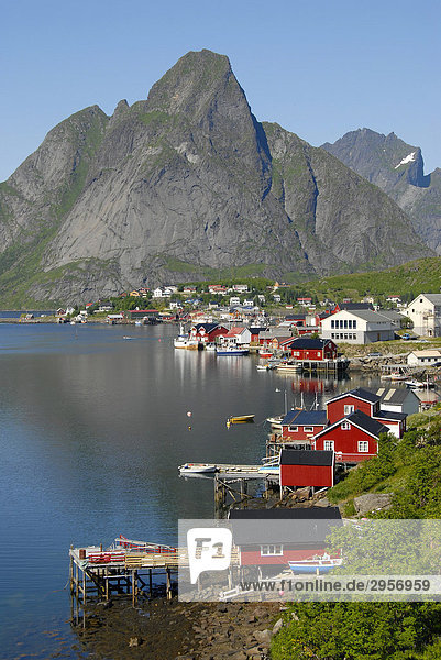 Blick über den Fjord und den Ort Reine auf die steilen Berge von der Insel Moskenesoya  Lofoten  Norwegen  Skandinavien