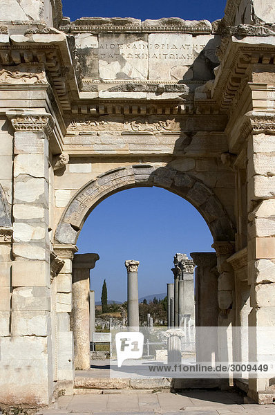 Turkey Ephesus excavation Gate of Mozaeus and Mithridates entrance to the Agora alongside the Celsus Library