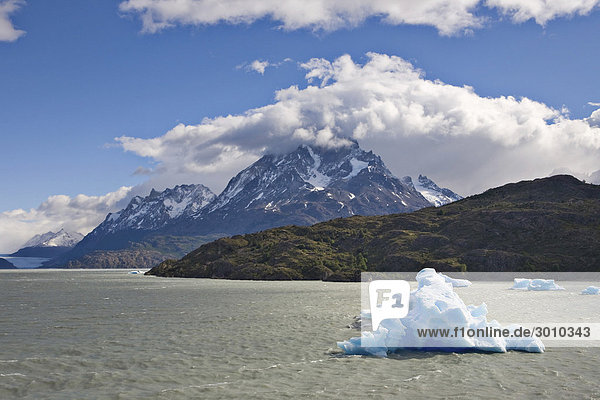 Icebergs and mountain peaks of the Torres del Paine Grande  seen from the Lago Grey  Torres del Paine National Park  Patagonia  Chile  South America