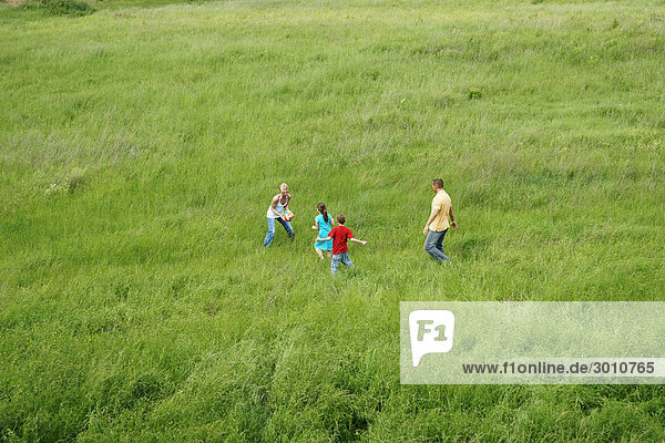 Familiy playing in meadow  high angle view