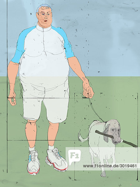 Overweight man walking dog