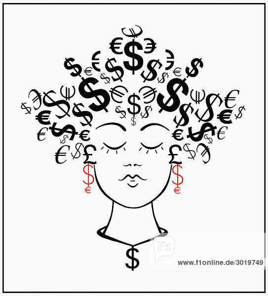 Woman with currency symbols for hair