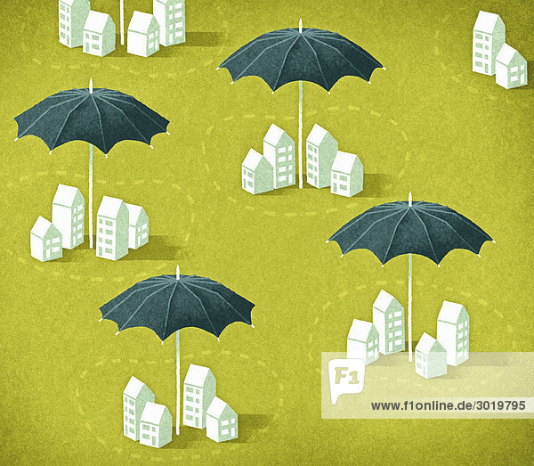 Regenschirme schützen Häuser