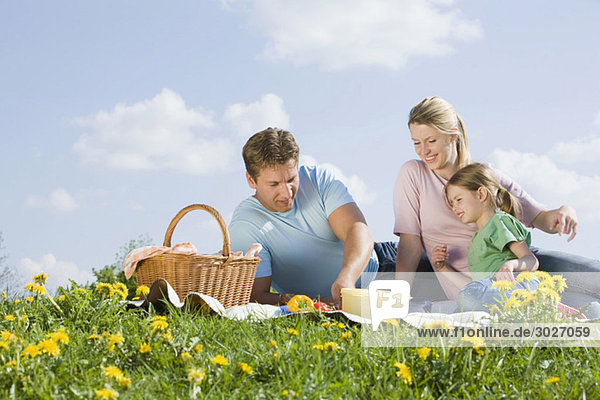 Deutschland,  Bayern,  München,  Eltern mit Tochter (6-7) beim Picknick,  lachend