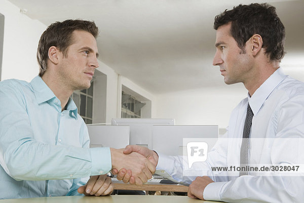 zwei Geschäftsleute beim Händeschütteln  Seitenansicht  Portrait