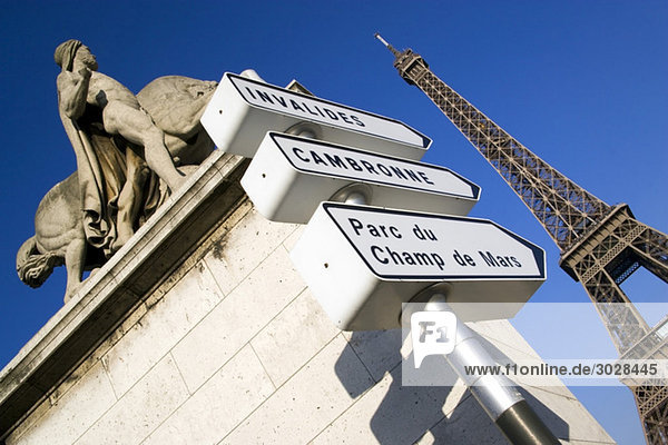 France  Paris  Pont d Lena  Sign posts  Eiffel Tower in background
