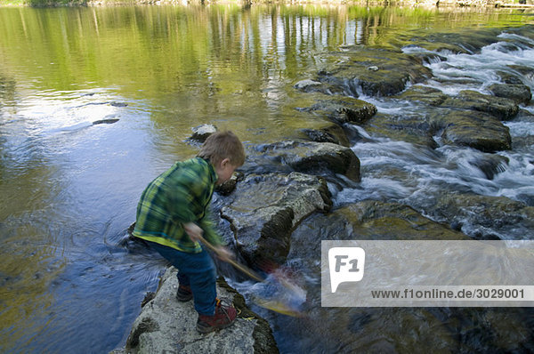 Junge (4-5) spielt mit Dip-Netz am Fluss