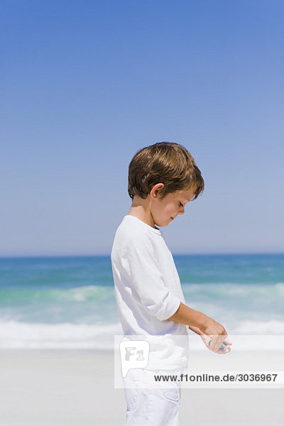 Junge mit einer Muschel am Strand