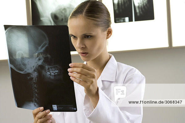Doctor scrutinizing x-ray of patient's head