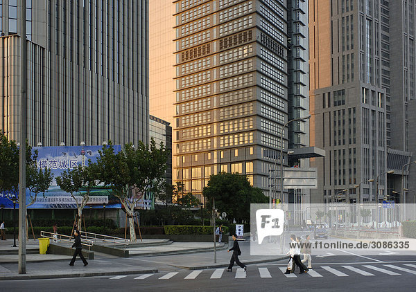 Hochhäuser im Stadteil Lujiazui  Bezirk Pudong  Fussgänger im Strassenverkehr  Shanghai  China.