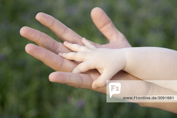 A baby holding the hand of an adult